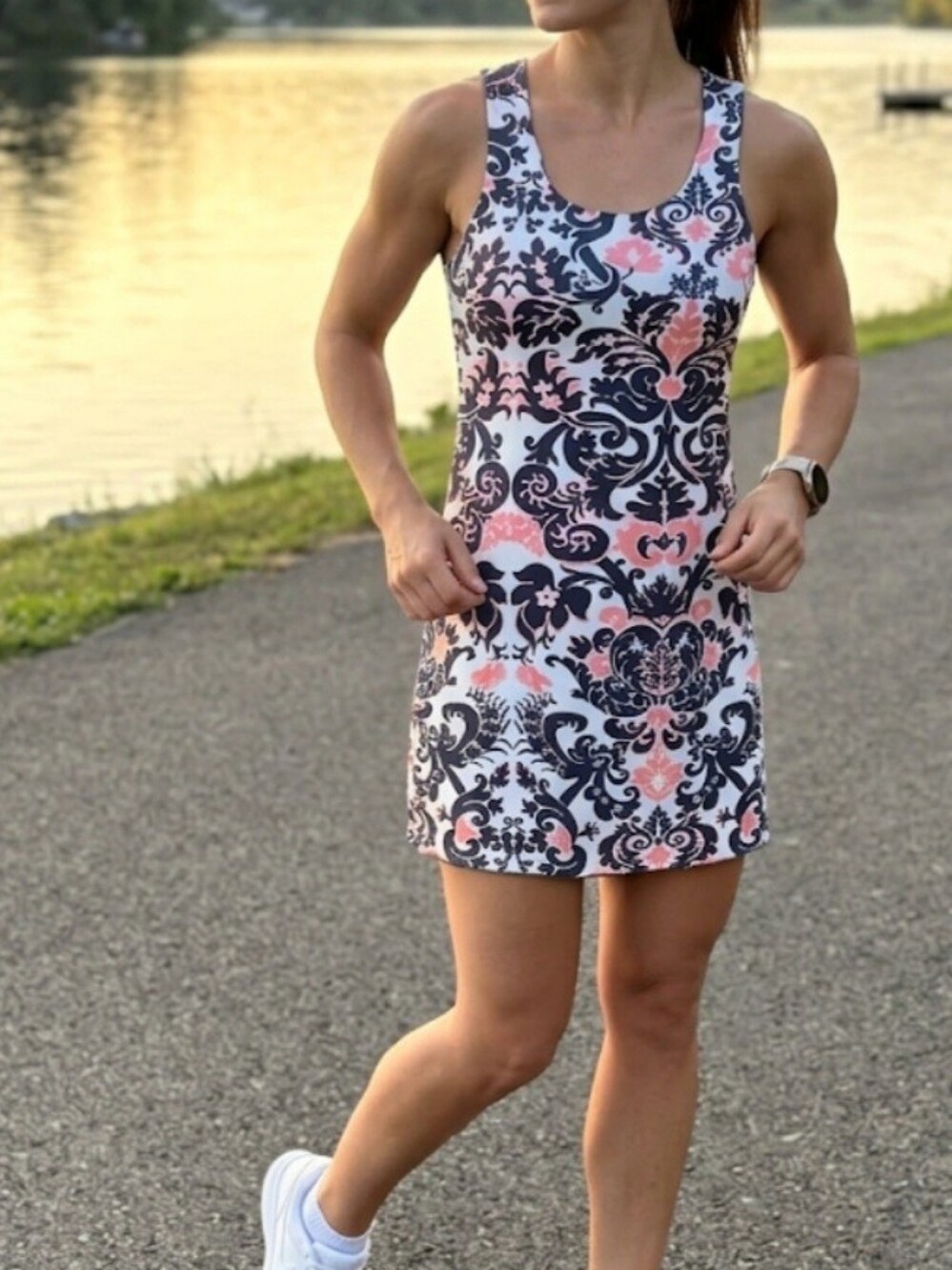 Haystacks Navy White Pink Damask Print Lettuce Hem Tank Dress Sz Medium Michigan - Picture 4 of 15